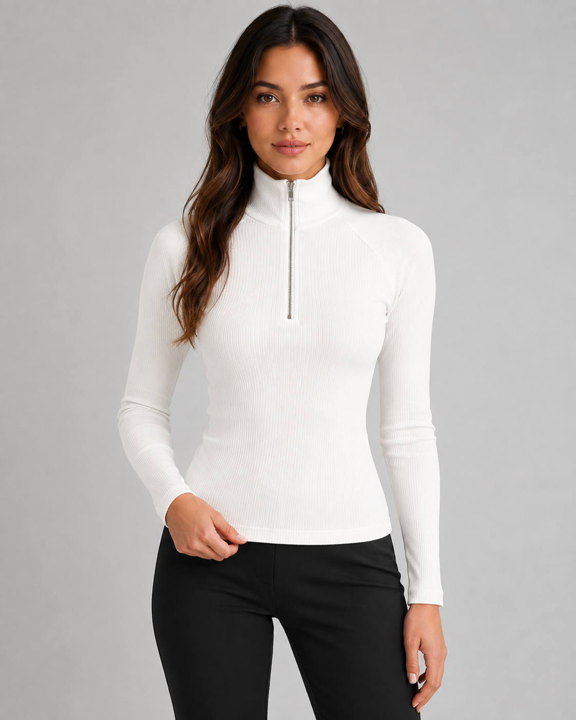 Women's Ribbed Quarter Zip Sweater - High Neck Slim Fit