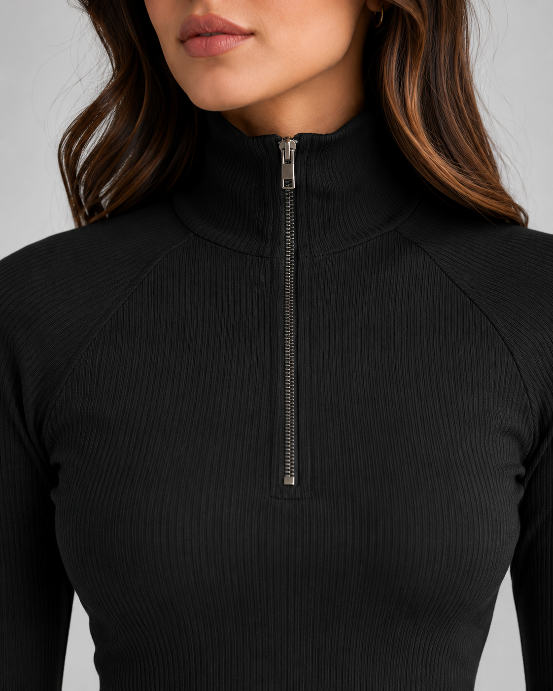 Women's Ribbed Quarter Zip Sweater - High Neck Slim Fit