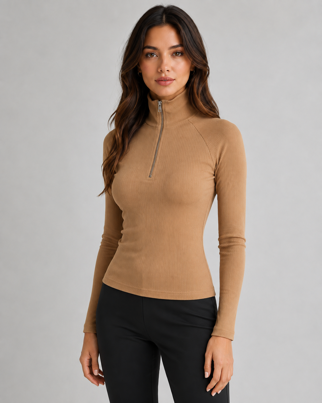Women's Ribbed Quarter Zip Sweater - High Neck Slim Fit