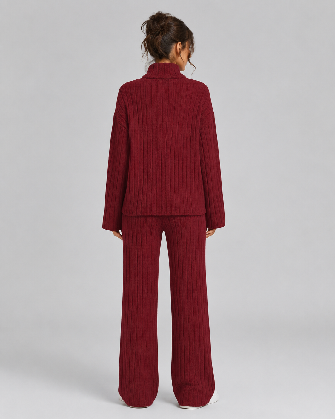 Women's Ribbed Roll Neck Knit Co-Ord with Wide-Leg Trousers