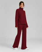 Women's Ribbed Roll Neck Knit Co-Ord with Wide-Leg Trousers