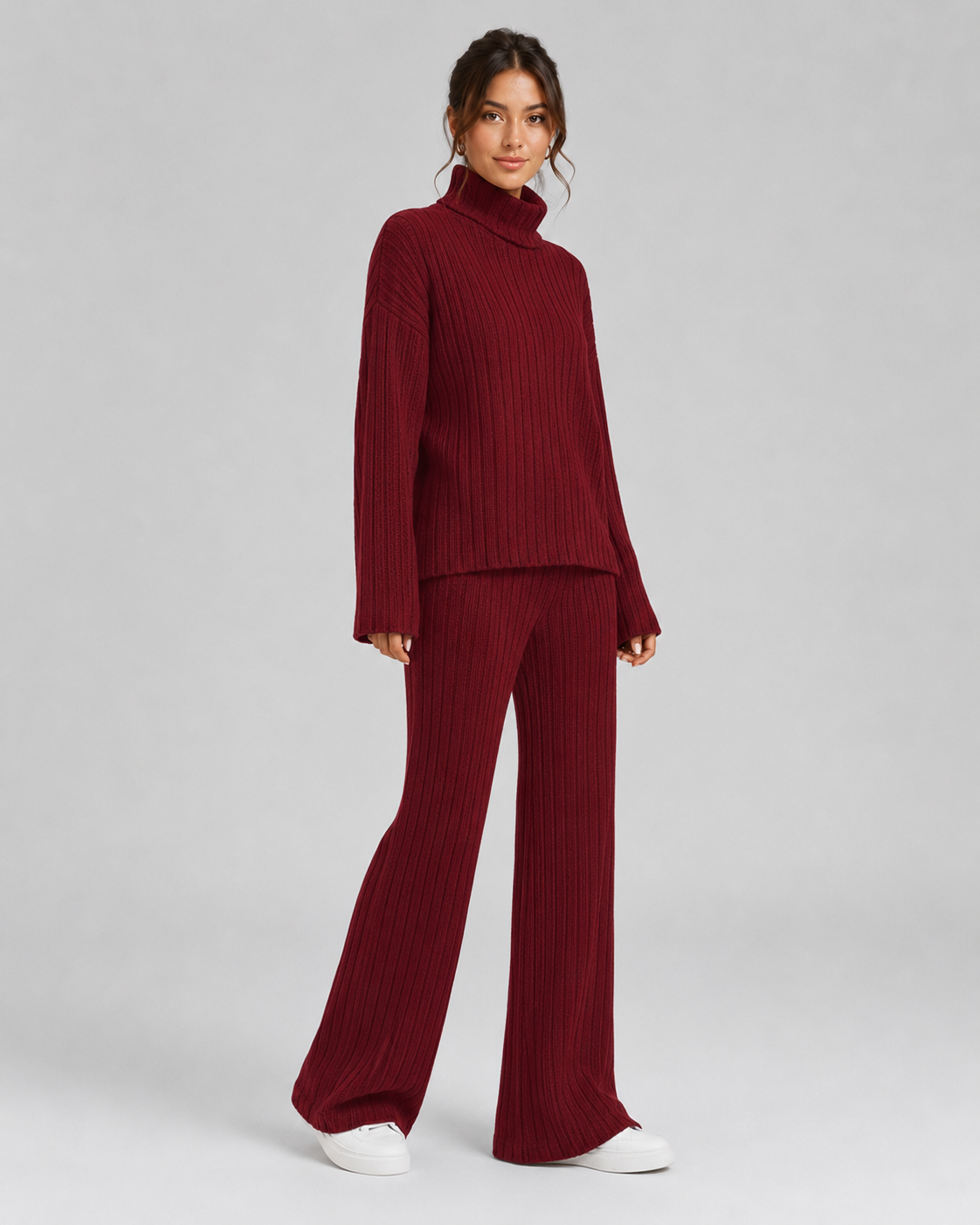 Women's Ribbed Roll Neck Knit Co-Ord with Wide-Leg Trousers