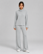 Women's Ribbed Roll Neck Knit Co-Ord with Wide-Leg Trousers
