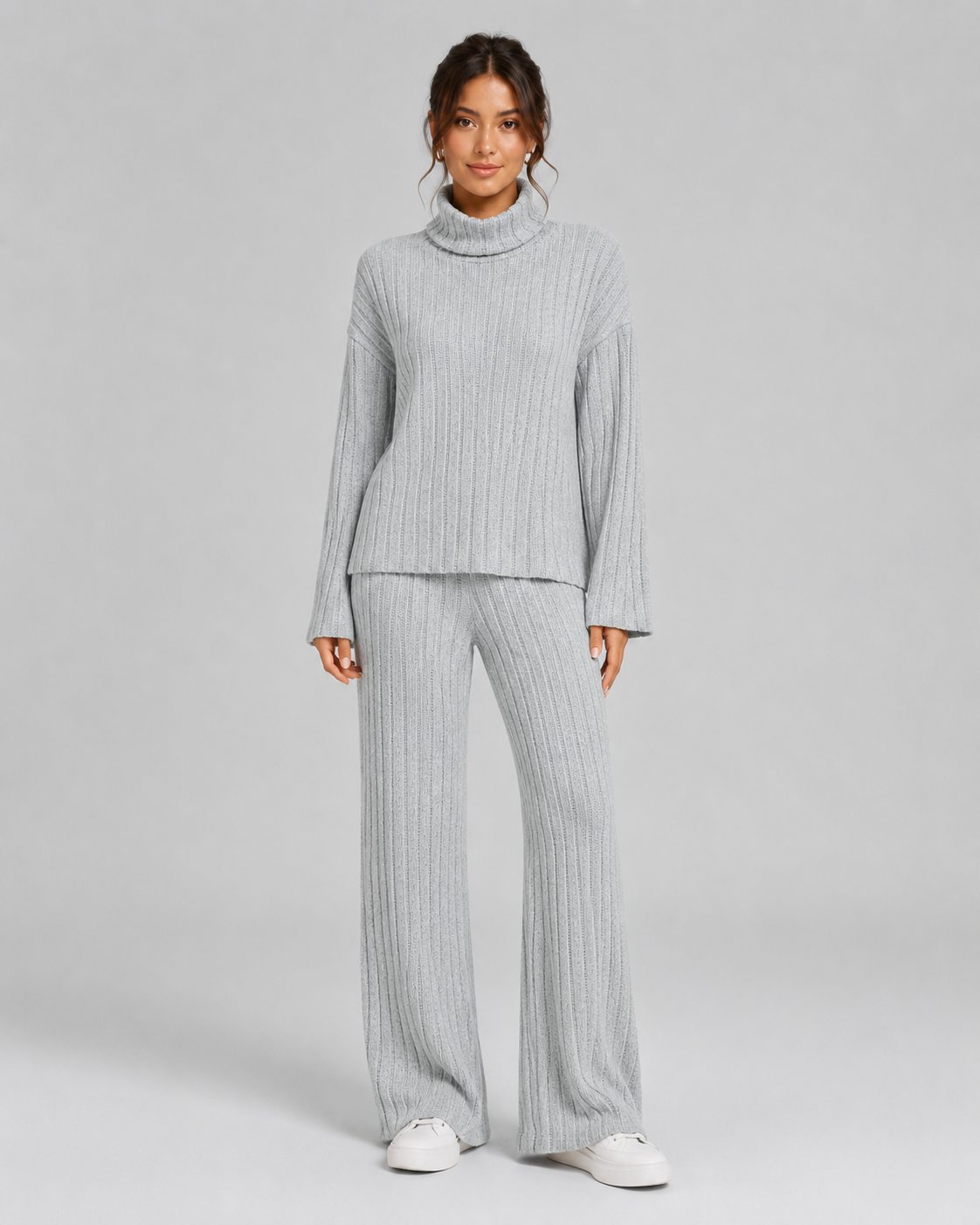 Women's Ribbed Roll Neck Knit Co-Ord with Wide-Leg Trousers