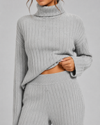 Women's Ribbed Roll Neck Knit Co-Ord with Wide-Leg Trousers
