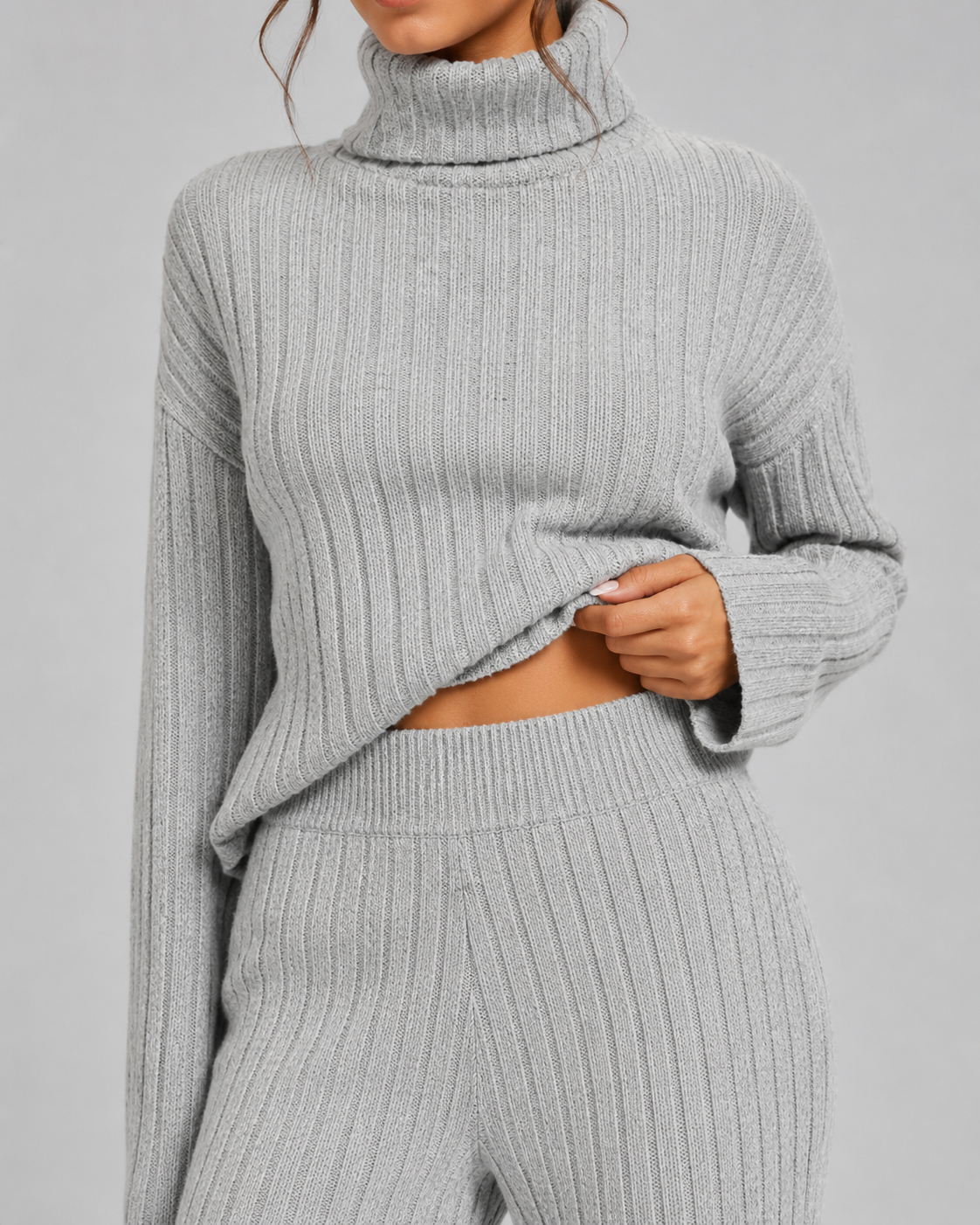 Women's Ribbed Roll Neck Knit Co-Ord with Wide-Leg Trousers