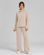 Women's Ribbed Roll Neck Knit Co-Ord with Wide-Leg Trousers