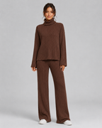 Women's Ribbed Roll Neck Knit Co-Ord with Wide-Leg Trousers
