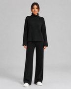 Women's Ribbed Roll Neck Knit Co-Ord with Wide-Leg Trousers