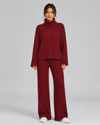 Women's Ribbed Roll Neck Knit Co-Ord with Wide-Leg Trousers