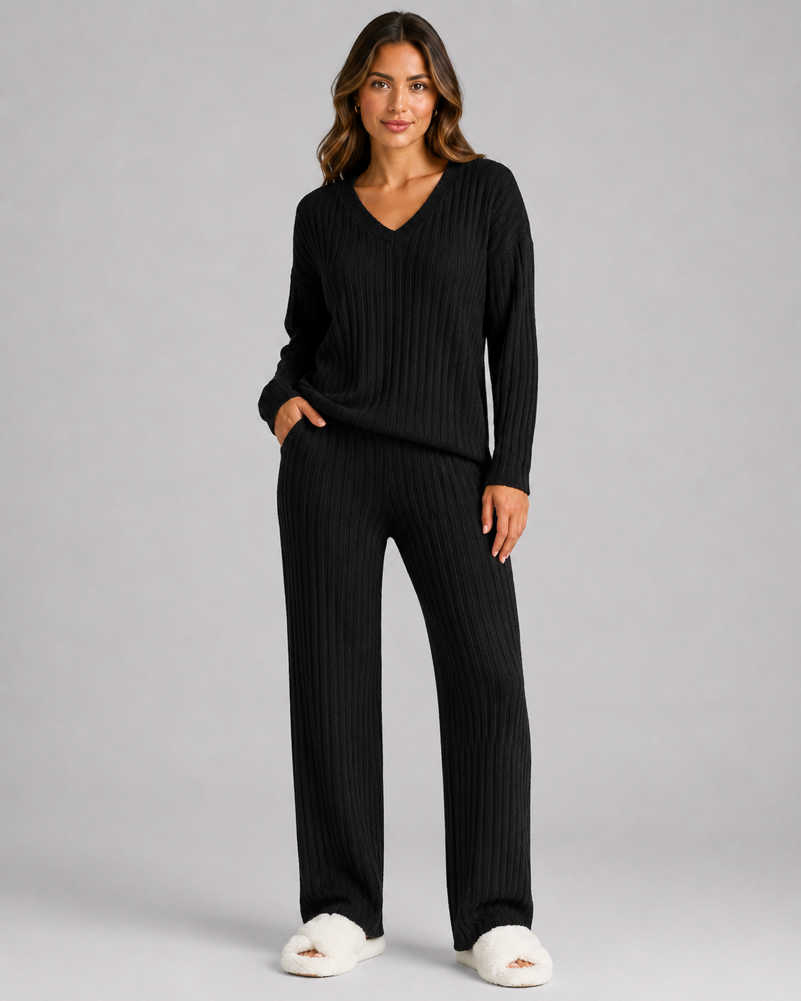 Women's Ribbed V-Neck Knitted Lounge Set