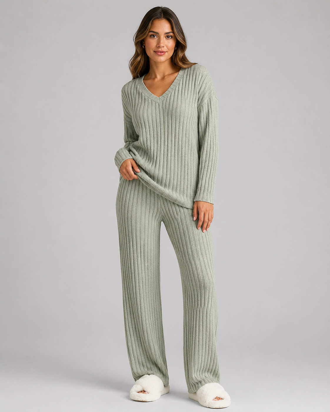 Women's Ribbed V-Neck Knitted Lounge Set