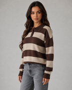 Women's Rugby Stripe Polo Sweater - Long Sleeve Relaxed Fit