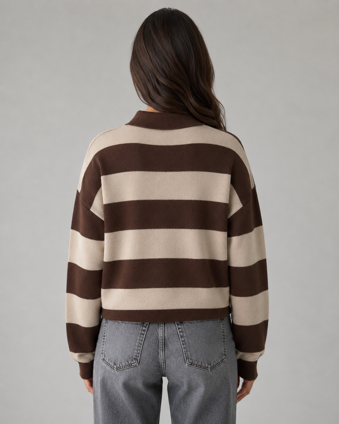 Women's Rugby Stripe Polo Sweater - Long Sleeve Relaxed Fit