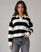 Women's Rugby Stripe Polo Sweater - Long Sleeve Relaxed Fit