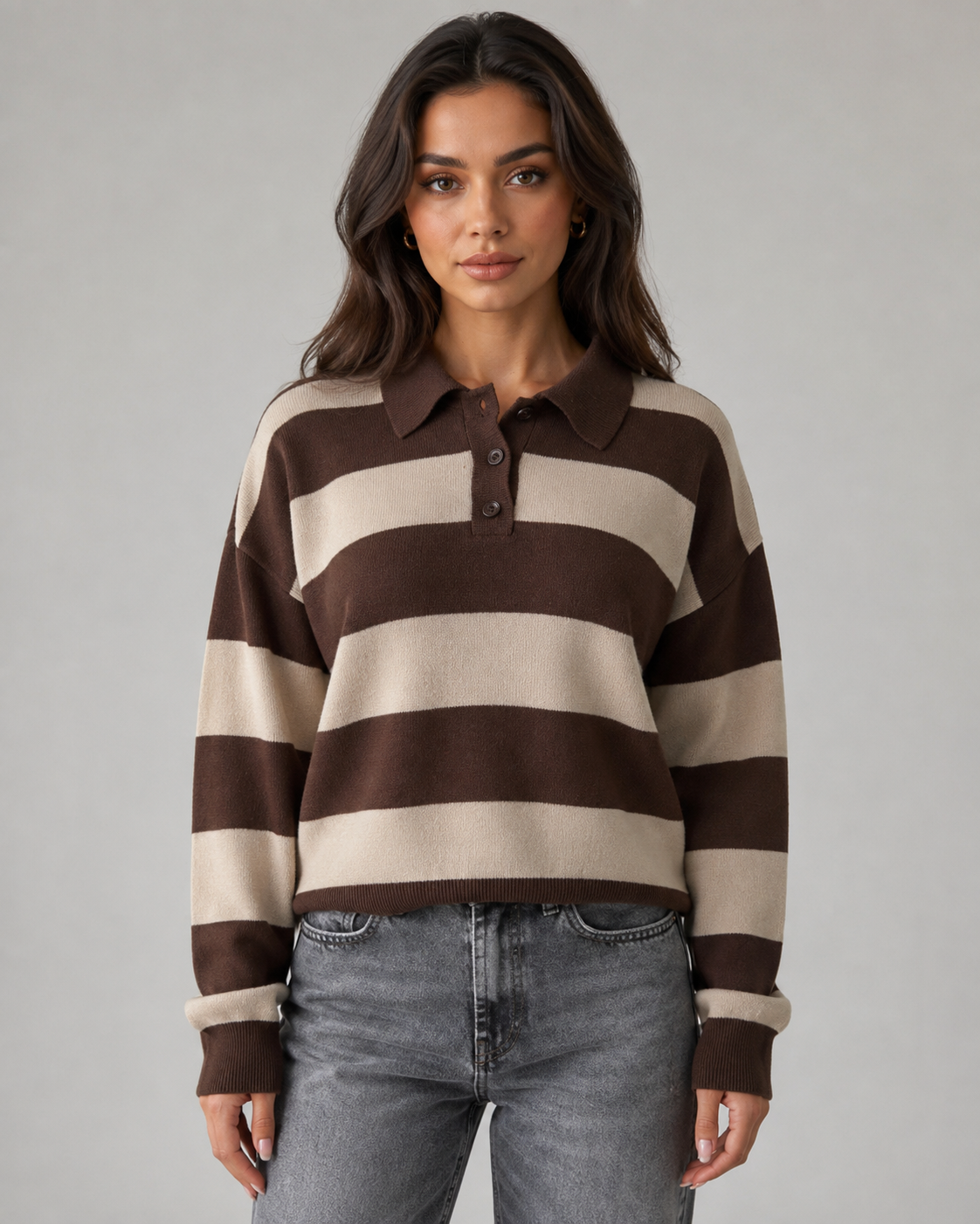 Women's Rugby Stripe Polo Sweater - Long Sleeve Relaxed Fit