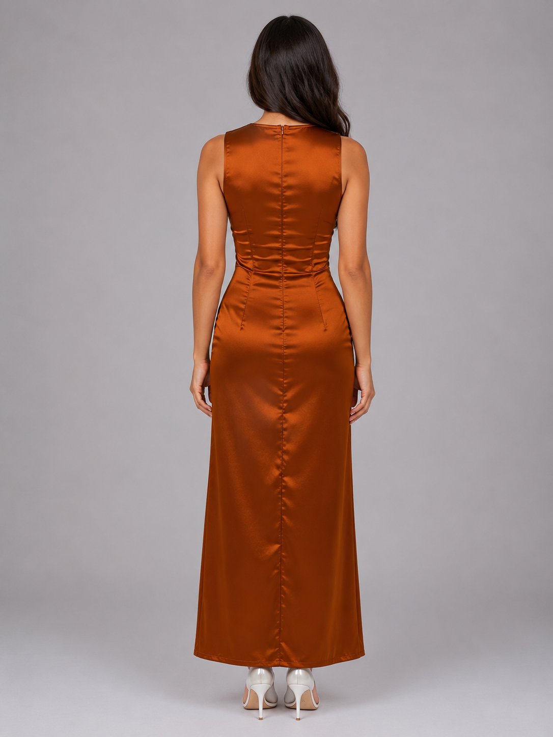 Women's Satin Ruched Maxi Dress - Cowl Neck