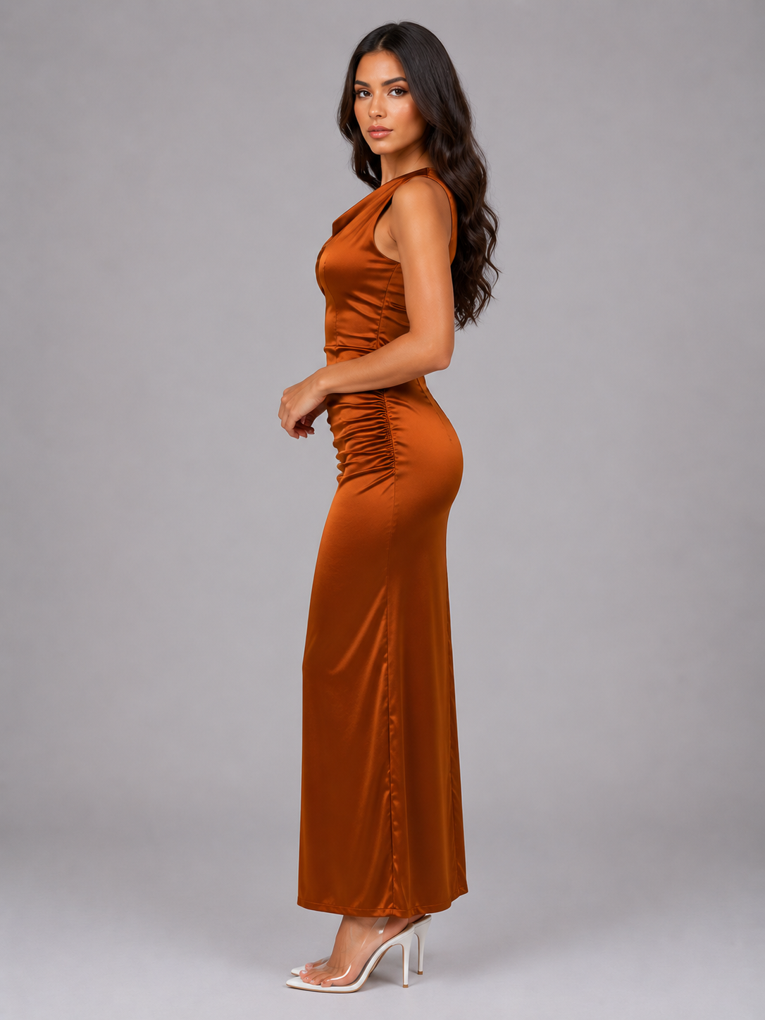 Women's Satin Ruched Maxi Dress - Cowl Neck