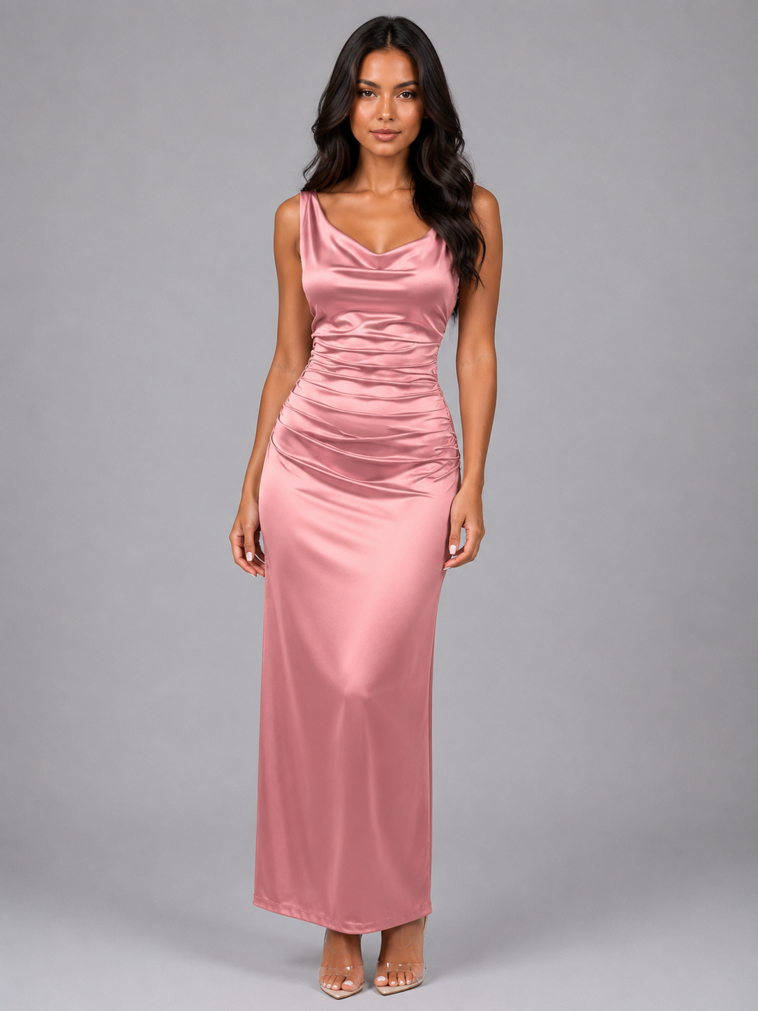 Women's Satin Ruched Maxi Dress - Cowl Neck