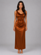 Women's Satin Ruched Maxi Dress - Cowl Neck