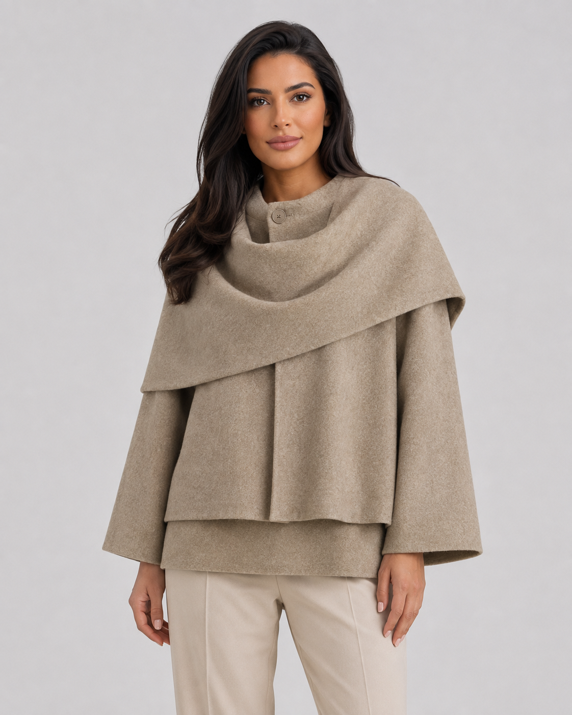 Women's Scarf Coat - Draped Cape Collar Boxy Fit