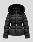 Women's Short Belted Puffer Jacket - Fur-Trim Hood and Fitted Waist