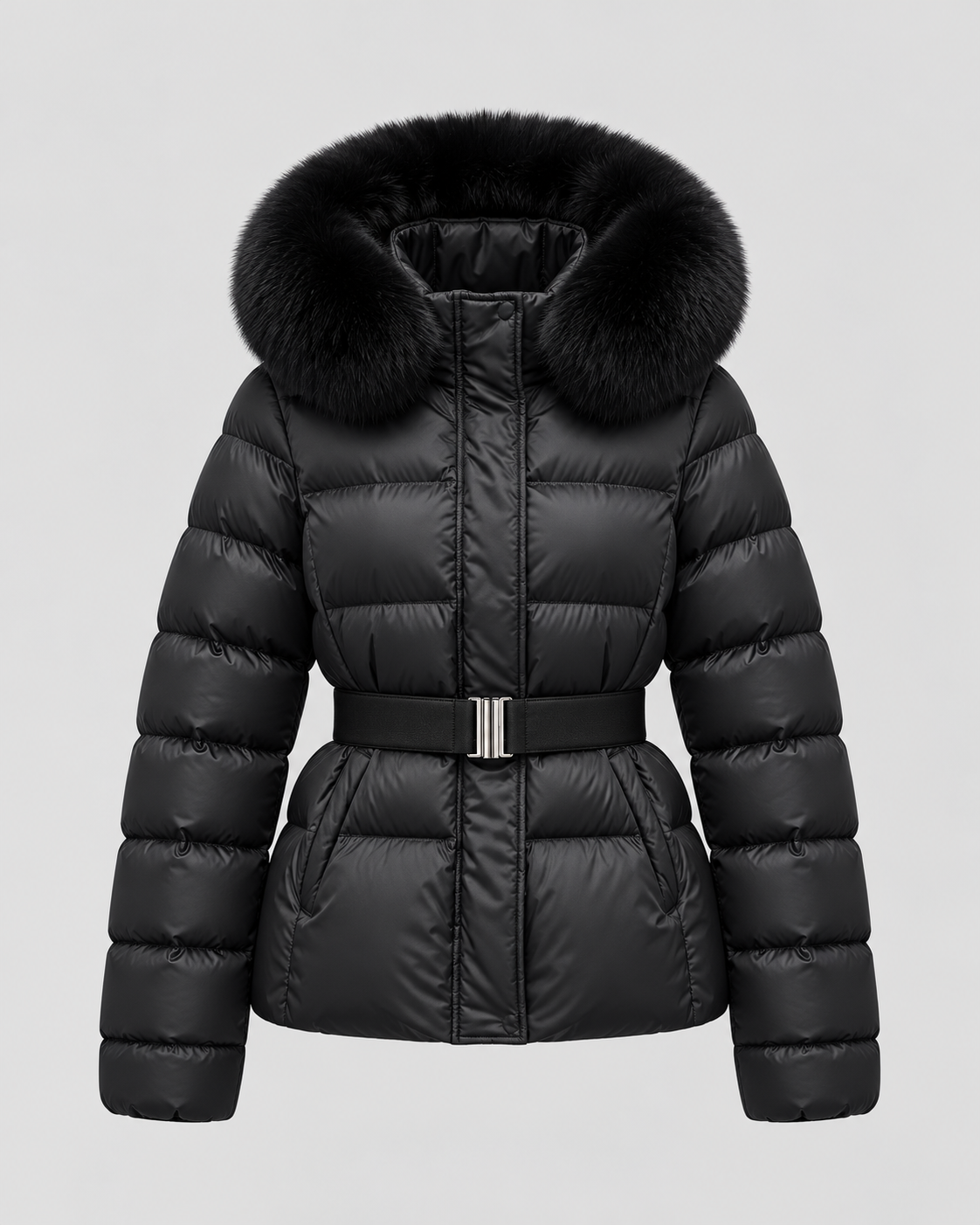 Women's Short Belted Puffer Jacket - Fur-Trim Hood and Fitted Waist