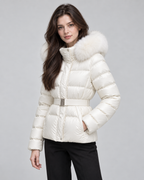 Women's Short Belted Puffer Jacket - Fur-Trim Hood and Fitted Waist