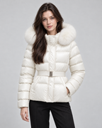 Women's Short Belted Puffer Jacket - Fur-Trim Hood and Fitted Waist