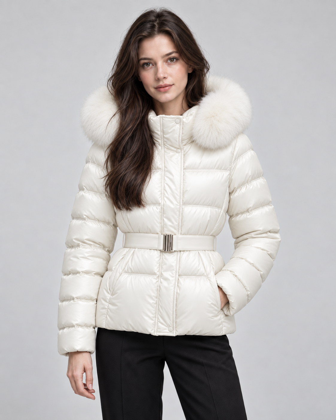 Women's Short Belted Puffer Jacket - Fur-Trim Hood and Fitted Waist
