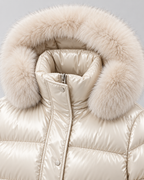 Women's Short Belted Puffer Jacket - Fur-Trim Hood and Fitted Waist