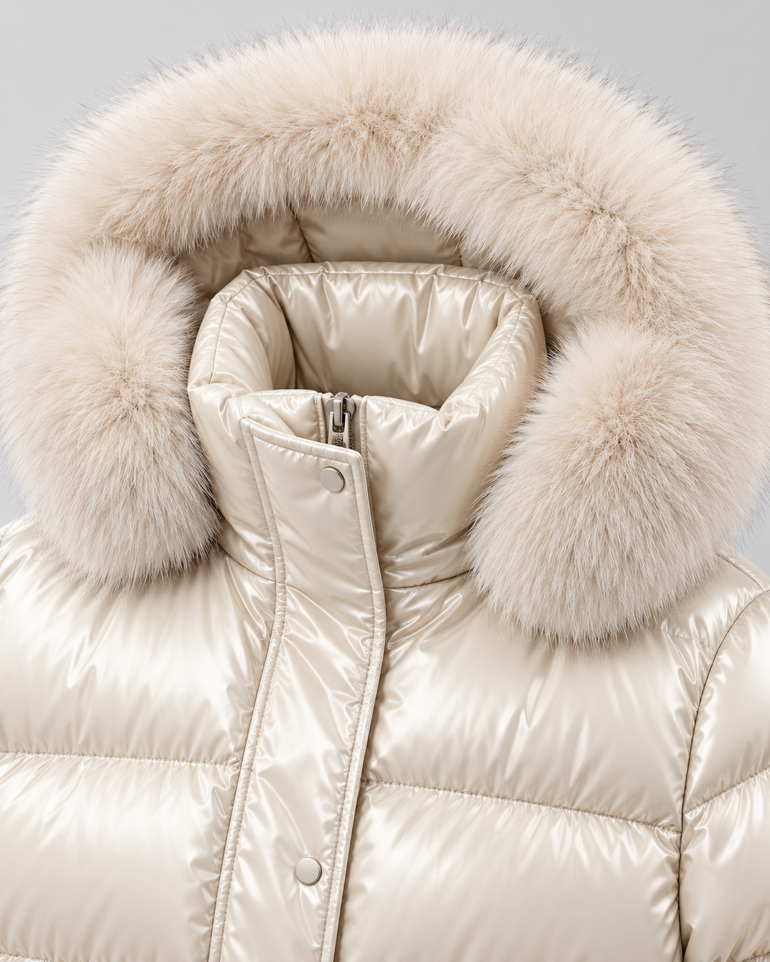 Women's Short Belted Puffer Jacket - Fur-Trim Hood and Fitted Waist
