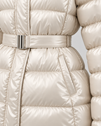 Women's Short Belted Puffer Jacket - Fur-Trim Hood and Fitted Waist