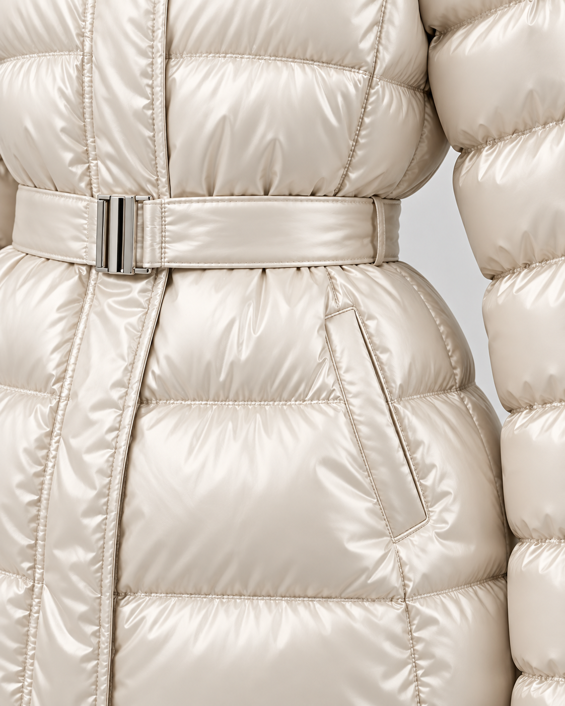 Women's Short Belted Puffer Jacket - Fur-Trim Hood and Fitted Waist