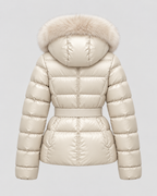 Women's Short Belted Puffer Jacket - Fur-Trim Hood and Fitted Waist