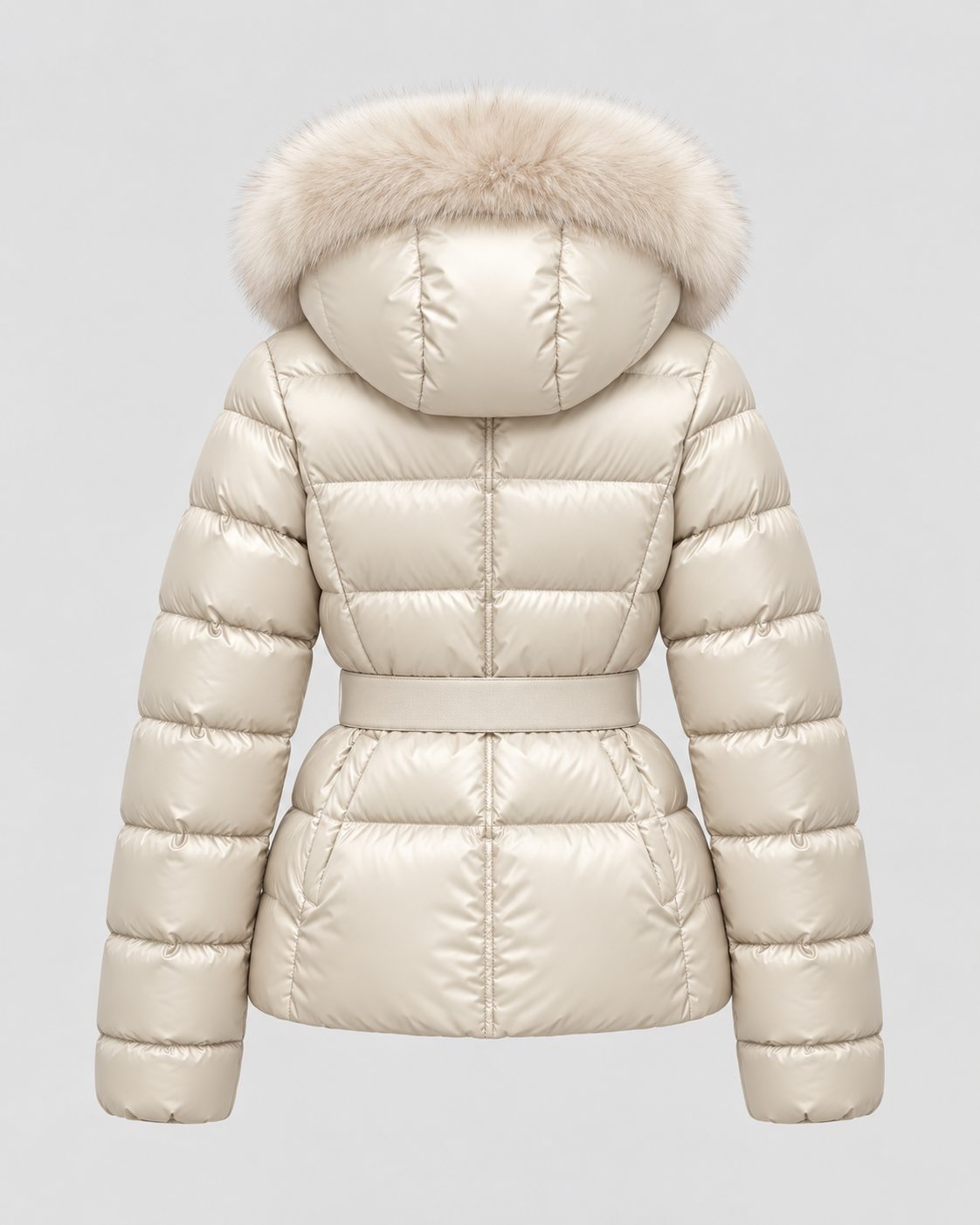 Women's Short Belted Puffer Jacket - Fur-Trim Hood and Fitted Waist