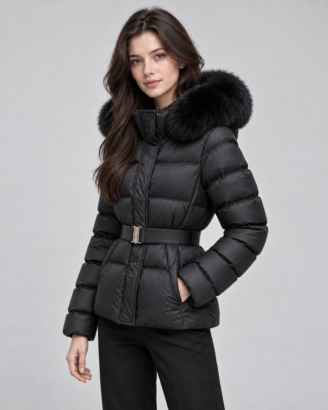 Women's Short Belted Puffer Jacket - Fur-Trim Hood and Fitted Waist