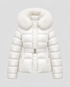 Women's Short Belted Puffer Jacket - Fur-Trim Hood and Fitted Waist