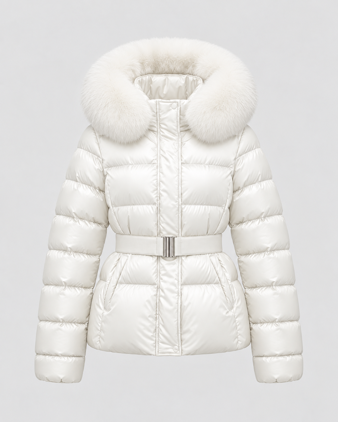 Women's Short Belted Puffer Jacket - Fur-Trim Hood and Fitted Waist