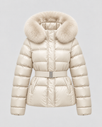 Women's Short Belted Puffer Jacket - Fur-Trim Hood and Fitted Waist