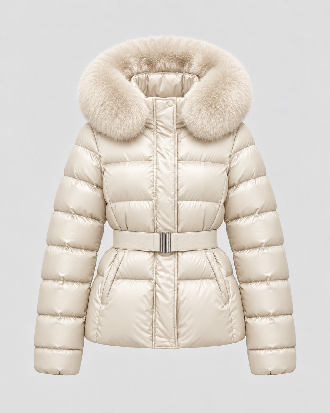 Women's Short Belted Puffer Jacket - Fur-Trim Hood and Fitted Waist