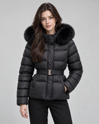 Women's Short Belted Puffer Jacket - Fur-Trim Hood and Fitted Waist