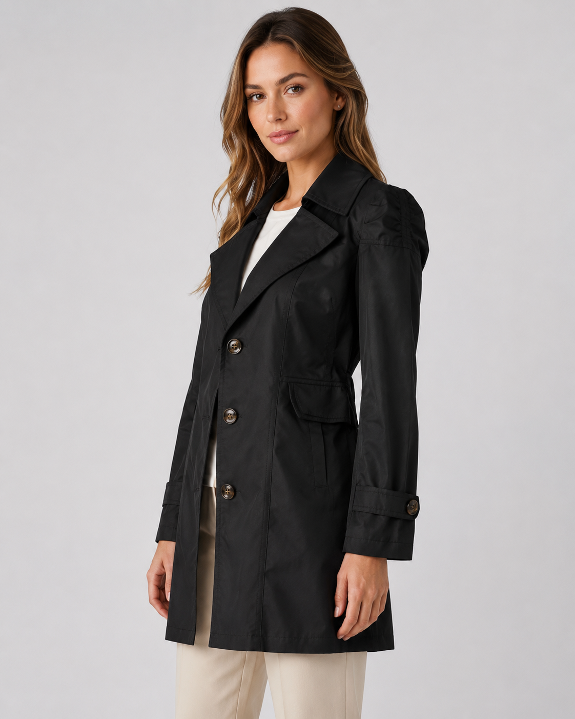 Women's Short Trench Coat – Single-Breasted Notched Lapel