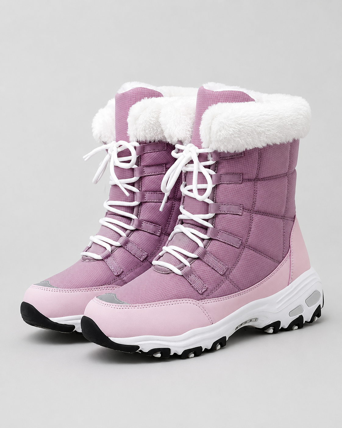 Women's Snow Boots - Quilted Lace-Up Faux Fur Cuff Chunky Sole