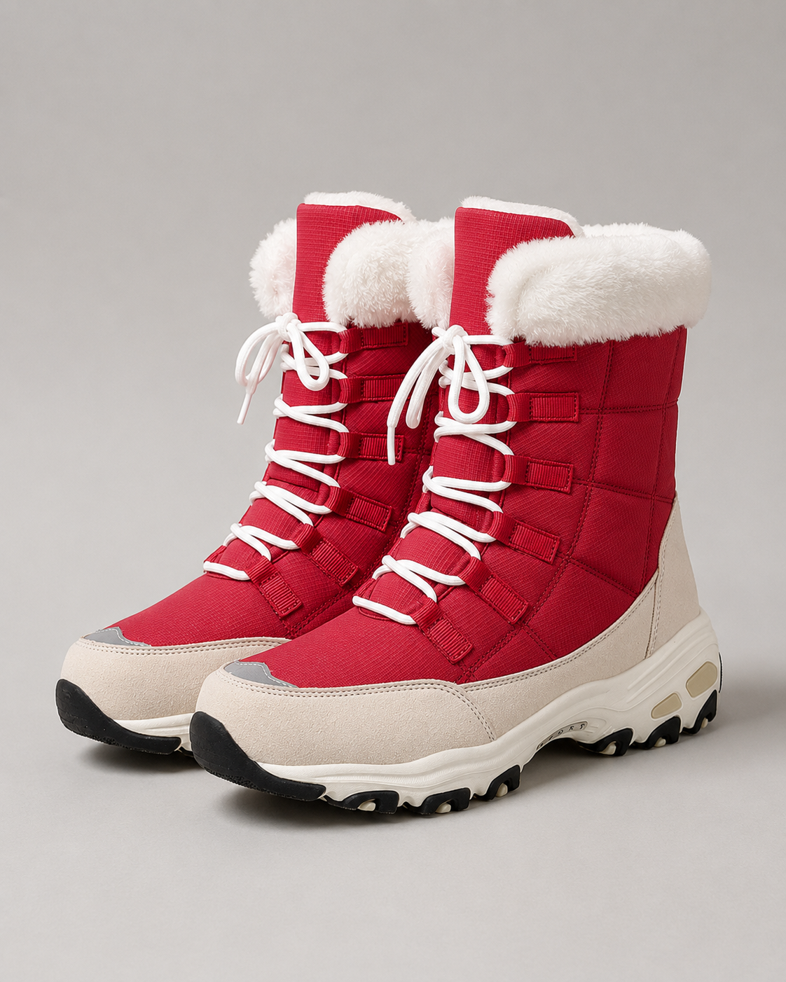 Women's Snow Boots - Quilted Lace-Up Faux Fur Cuff Chunky Sole