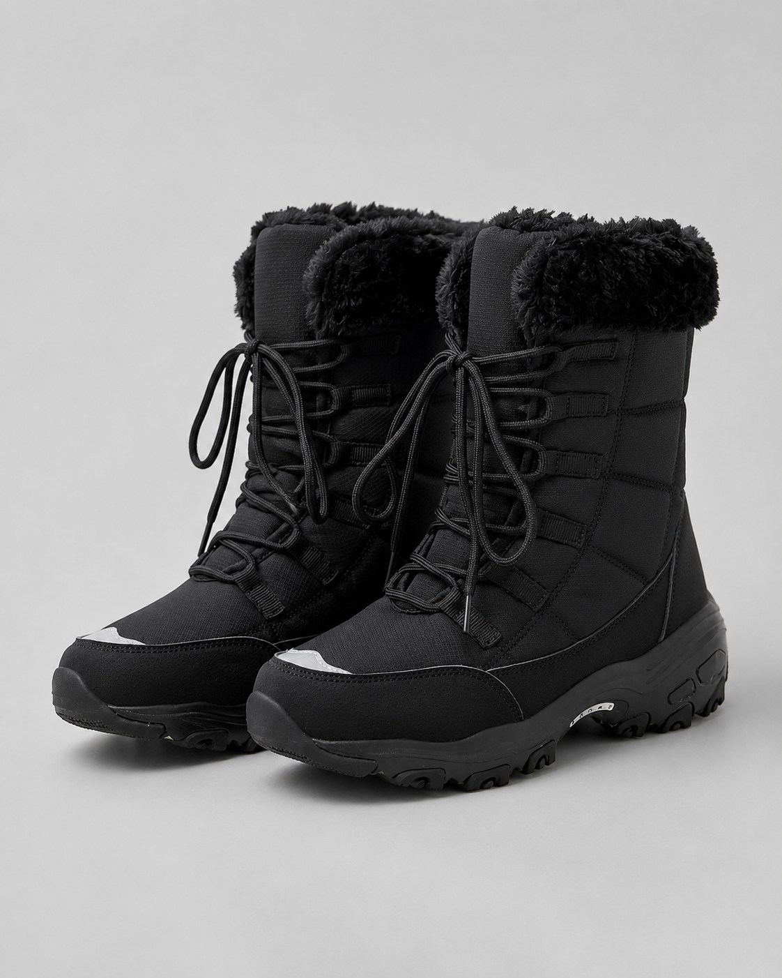 Women's Snow Boots - Quilted Lace-Up Faux Fur Cuff Chunky Sole