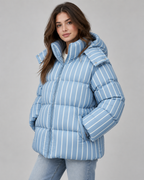 Women's Striped Hooded Puffer Jacket - Oversized Zip-Up Fit
