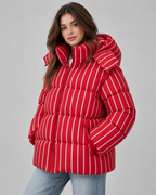 Women's Striped Hooded Puffer Jacket - Oversized Zip-Up Fit