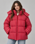 Women's Striped Hooded Puffer Jacket - Oversized Zip-Up Fit