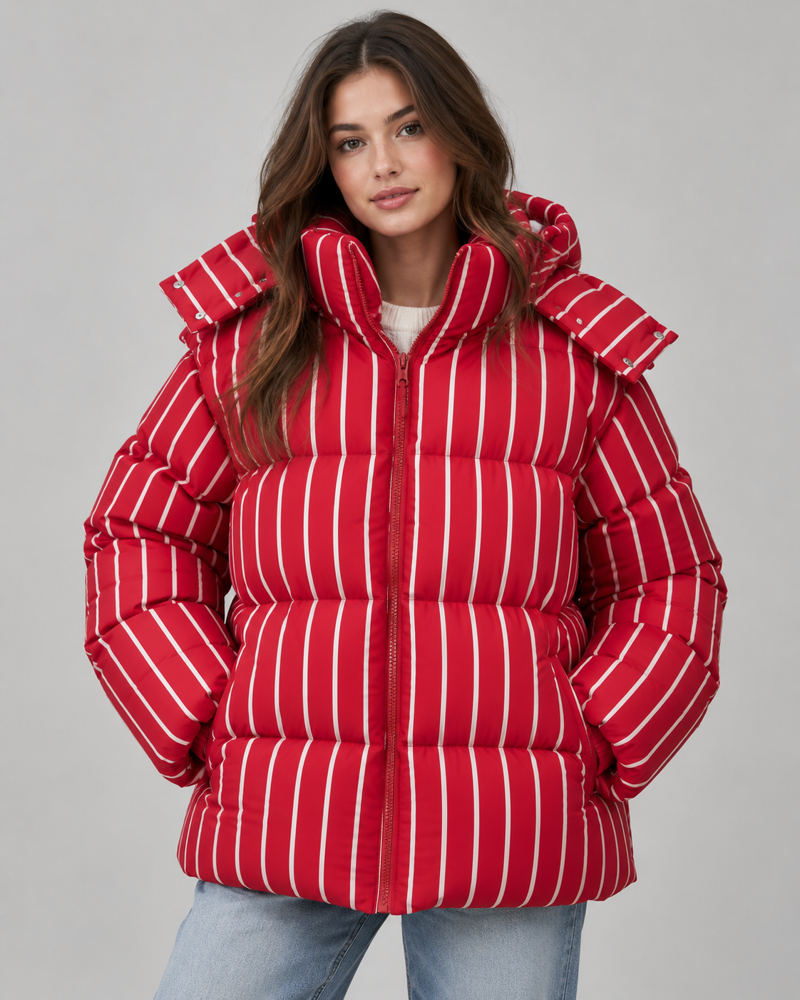 Women's Striped Hooded Puffer Jacket - Oversized Zip-Up Fit
